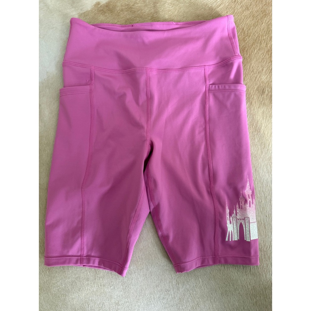 Rare Disney Parks Pink Biker Shorts Castle Silver Glitter Pockets Womens